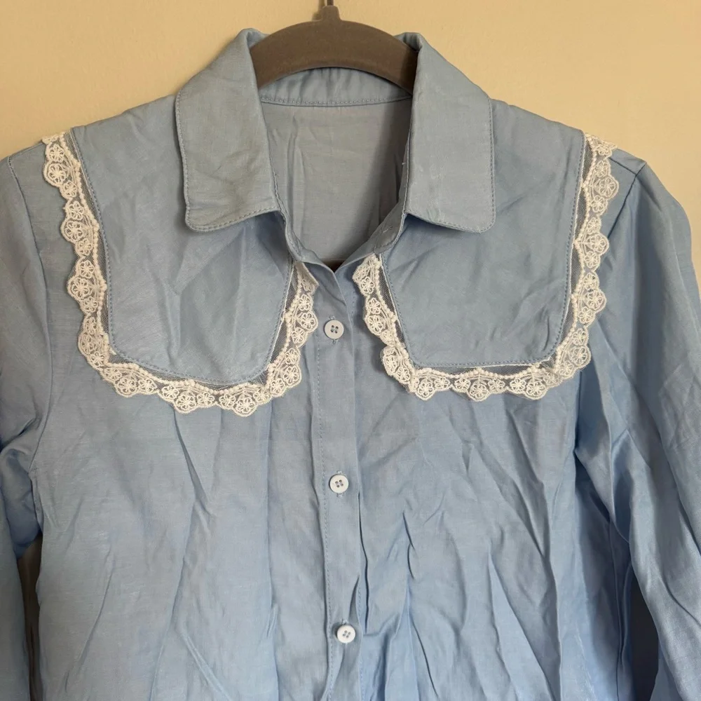 Vintage Light Blue Satin Lace Collar Blouse Button Shirt Girls Size 8 - 10
